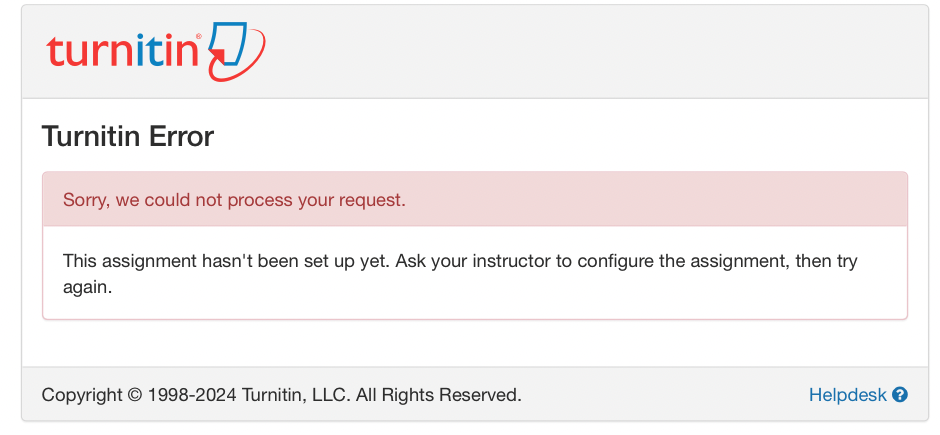 Screenshot of the error message stating the assignment hasn't been set up yet